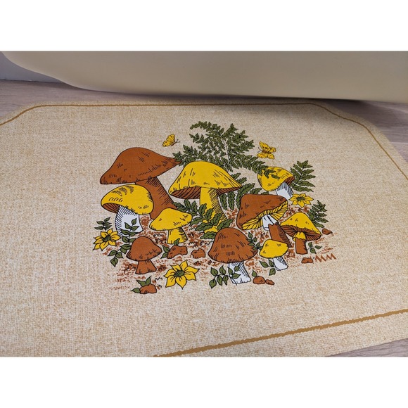 Set Of 4 Vinyl MCM 1970's Mushroom Placemats Orange Brown Rectangle Beige Groovy - Picture 6 of 12